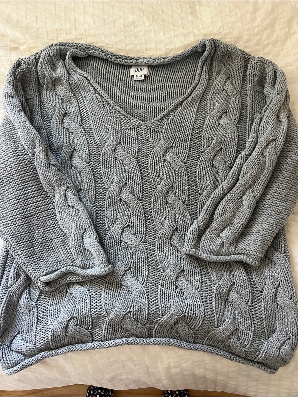 BDG Blue Gray Chunky Cable-Knit V-Neck Sweater